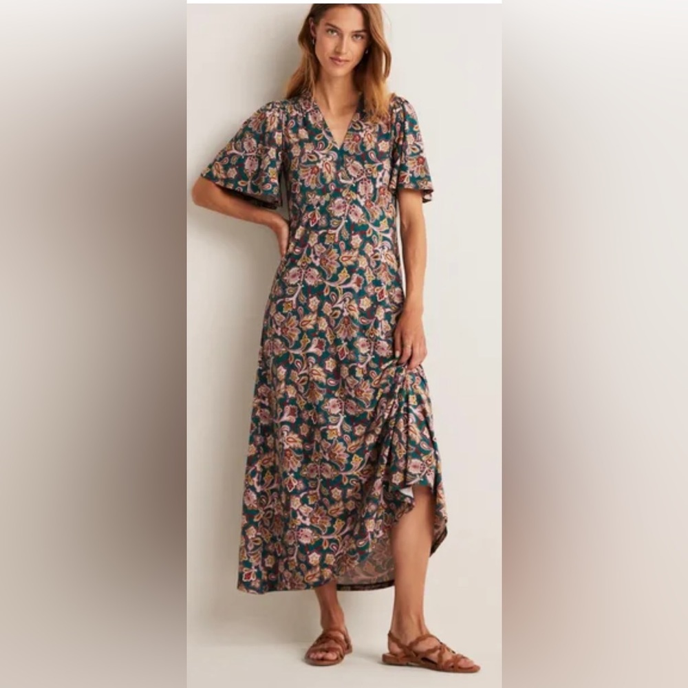 Boden Short Flutter Sleeve Midi Tea Dress Chesapeake Bay Paisley Bud Jersey